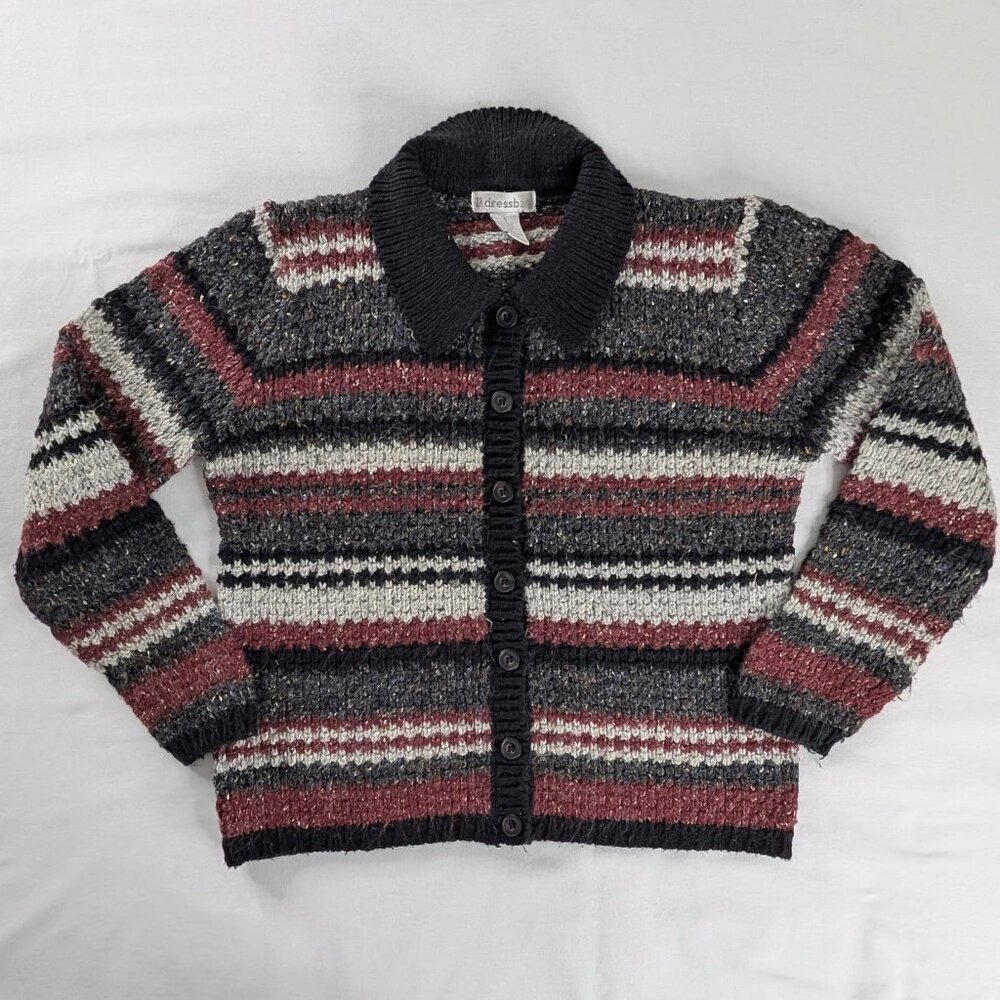 VTG Maroon Black Gray Stripe Chunky Knit Cotton Wool Button Up Collared Sweater
